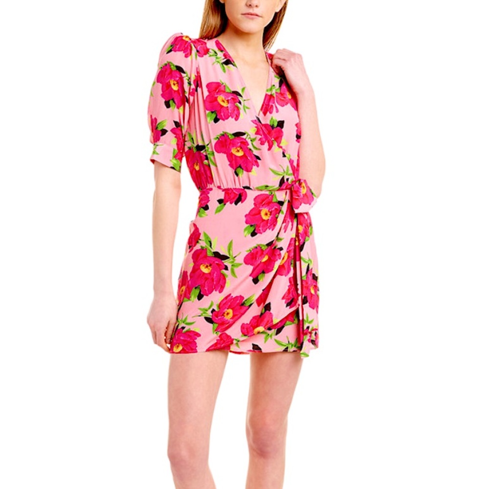 The Kooples Mini Faux Wrap Silk “Peony in Love” Floral Pink Party Dress, NWT!